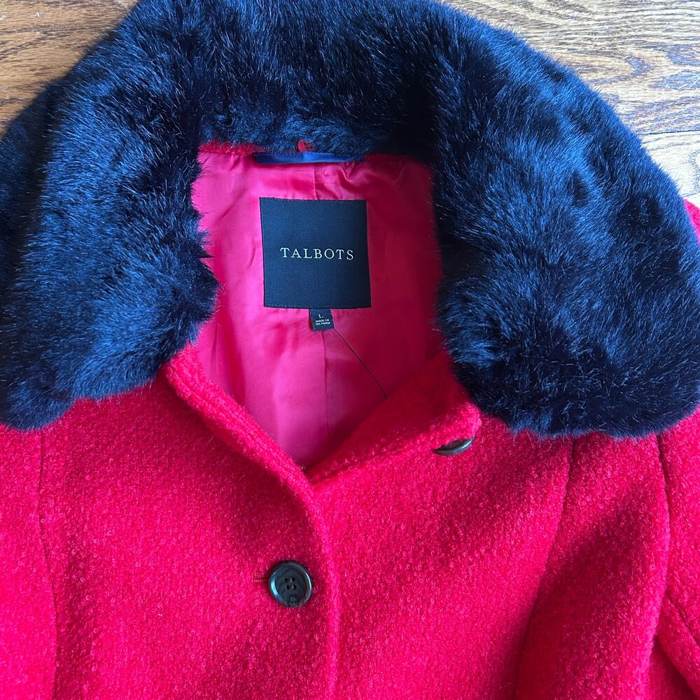 Talbots Red Bouclé Wool Dress Coat Black Faux Fur Collar Princess Large NWT $329 - Picture 5 of 13